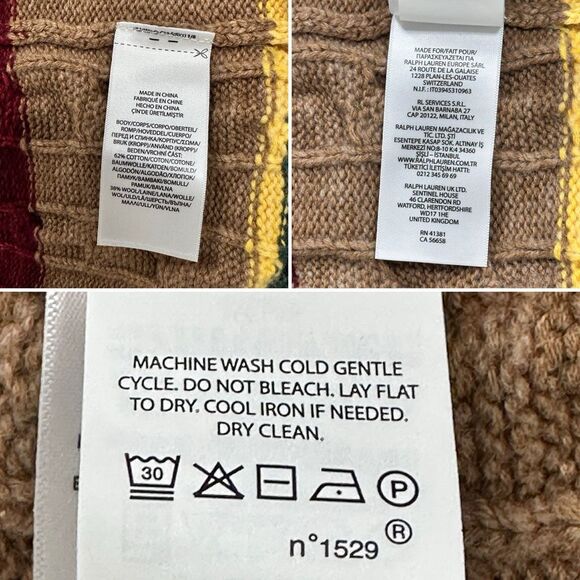 Polo Ralph Lauren Striped Cable Knit Cardigan Camel Wool Cotton XL Preppy $499 - Picture 10 of 13